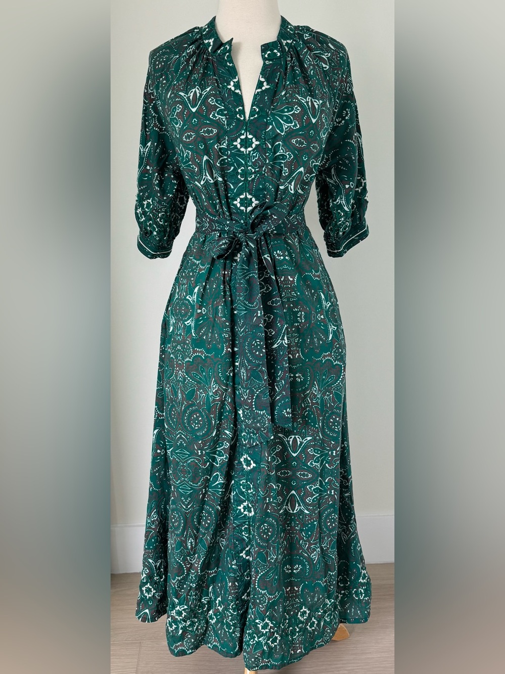 Julia Amory Cordelia Coatue Green Embroidered Midi Puff Sleeve Dress Size M